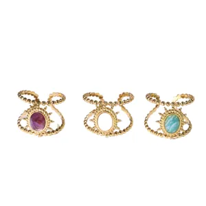 Bohemian gold stainless steel sunburst rings featuring purple and blue natural stones