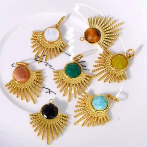 French vintage titanium steel sunburst pendant necklace set with colorful natural stones