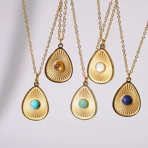18K gold plated teardrop necklaces with natural stones in five assorted colors
