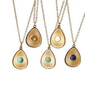 Five 14K gold-plated teardrop necklaces with natural stones and sunray engraving