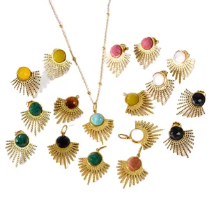 French vintage titanium steel 14K gold jewelry set with colorful natural stone pendants