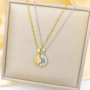 Titanium Steel Sun Moon Couple Necklace Set Magnetic Heart Pendant Clavicle Chain Gold Plated Zirconia Jewelry For Women