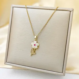 Elegant gold titanium steel necklace with a pink zircon sunflower pendant for women