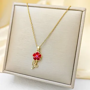 Pink zircon sunflower pendant necklace in gold-plated stainless steel for women