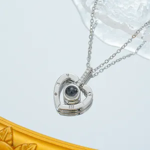 Titanium steel heart necklace with Roman numerals and projection stone pendant
