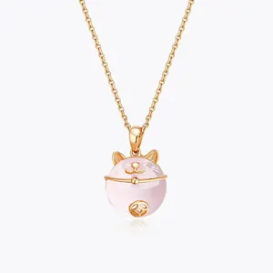 Lucky cat necklace with pink chalcedony cat pendant and rose gold chain for women