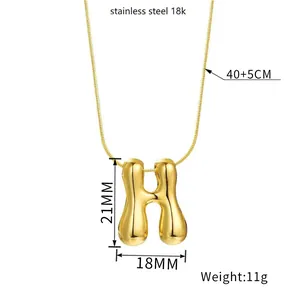 Detail of 18k gold plated stainless steel letter H bubble pendant necklace with dimensions