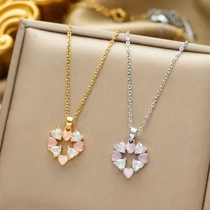 Titanium Steel Heart Flower Pendant Necklace For Women Pink Opal White Zirconia Inlaid Gold Silver Plated Clavicle Chain Jewelry