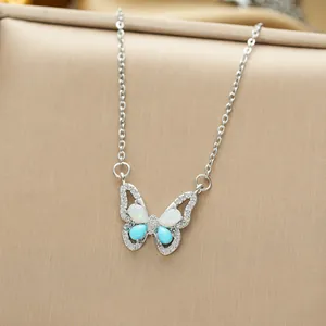 Titanium steel colorful butterfly pendant necklace with opal stones on a silver O-chain