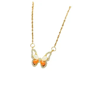 Elegant butterfly pendant necklace in titanium steel with colorful gemstones and crystals