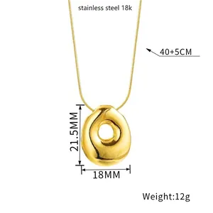 Detail of gold bubble letter necklace pendant with dimensions and 18K stainless steel specs