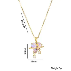 Titanium steel gold necklace with purple heart Saturn pendant and zircon tassels
