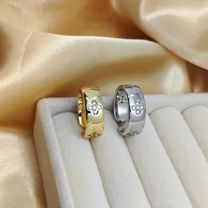 Fashion Titanium Steel Lucky Clover Wide Band Ring With Zirconia Gold Silver Plated Open Adjustable Ring For Women Jewelry