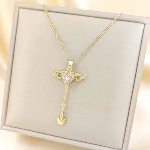 Cupid Angel Wing Heart Pendant Necklace with Pink Zircon and Golden Tassel Details