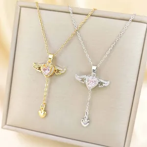 Cupid Angel Wing Heart Necklace Stainless Steel Gold Silver Plated Copper Zirconia Tassel Jewelry For Women Gift