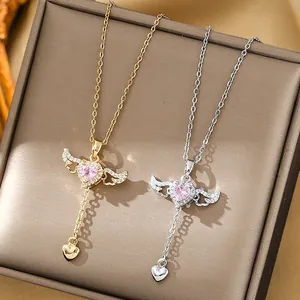 Cupid angel wings heart necklace with pink gems in gold and silver finish