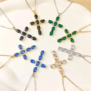 Fashion Copper Colored Zirconia Cross Pendant Necklace For Women Micro Inlaid Gold Silver Plated Clavicle Chain Jewelry Gift