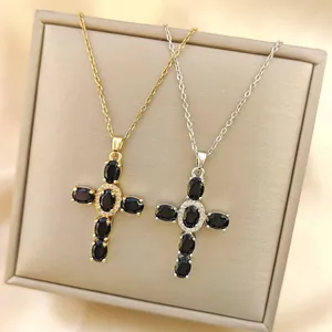 Fashionable gold and silver cross necklaces with black stones and micro-pave zircons