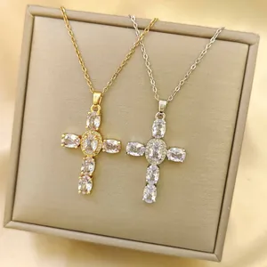 Fashionable cross pendant necklace with zircon stones in gold and silver plating
