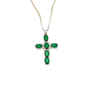 Cross necklace with emerald green oval gemstones and cubic zirconia pavé in silver finish