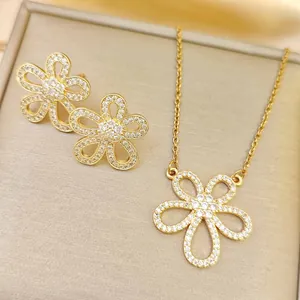 Fashion Stainless Steel Hollow Sunflower Pendant Necklace And Zirconia Earring Jewelry Set Gold Silver For Women Gift