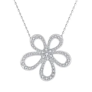 Elegant titanium steel silver flower pendant necklace with pavé zirconia stones on white back