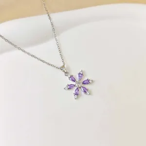 18K gold-plated snowflake necklace with purple zircon petals and silver-tone chain