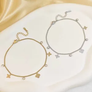 Elegant gold and silver stainless steel four-leaf clover bracelets with sparkling zircons