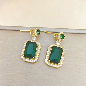 Vintage emerald-style rectangular earrings with gold plating and zircon accents