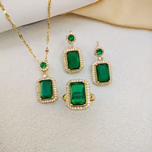 Vintage emerald green jewelry set with necklace earrings and ring in gold finish