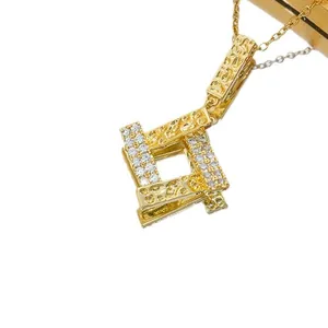 Golden geometric square necklace with mineral texture and pave cubic zirconia