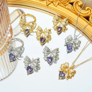Stainless Steel Bowknot Heart Necklace Earrings Ring Jewelry Necklace Earrings Ring With Purple Zirconia Elegant Gift For Women