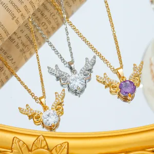 Titanium steel angel wing necklace set with zircon crystals and round gemstones