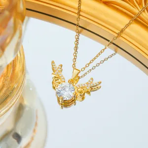 Elegant gold titanium steel antler necklace with large zircon stone and pavé crystal wings
