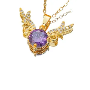 Titanium steel reindeer antler necklace with purple zircon stone on white background