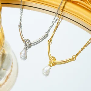 Collana con Pendente a Nodo di Corda e Perla Artificial in Acciaio al Titanio Minimalista per Donna Elegante Gioielli Oro Argento