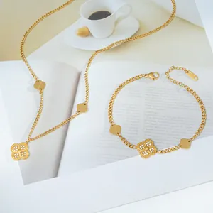 Elegant Gold Plated Stainless Steel Four Leaf Clover Necklace Bracelet Jewelry With Zirconia For Women Daily Fashion