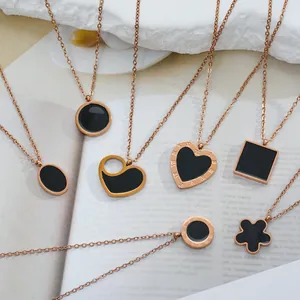 Titanium Steel Rose Gold Plated Black Enamel Heart Flower Round Pendant Necklace With Roman Numerals For Women Fashion Jewelry