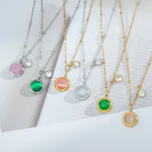 Titanium Steel Cat Eye Stone Pendant Necklace For Women Round Zirconia Rhinestone Gold Silver Plated Jewelry Gift