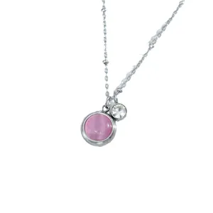 Elegant titanium steel necklace featuring a pink cat eye stone and sparkling zircon pendant