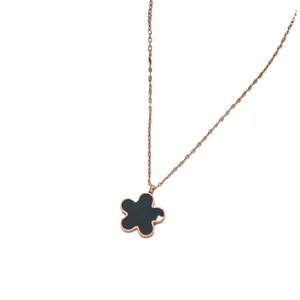 Elegant rose gold titanium steel necklace with a black enamel five-petal flower pendant