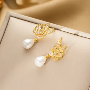 Elegant gold titanium steel butterfly earrings with zircon inlay and hanging drop pearls