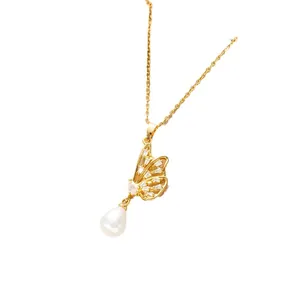 Elegant gold butterfly pendant necklace with shimmering zircon wings and teardrop pearl