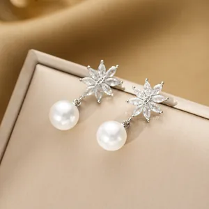 Elegant snowflake pearl drop earrings with marquise zircon stones and white pearls