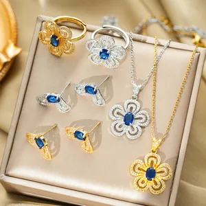 Set di Gioielli in Acciaio Inossidabile con Fiore di Iris Collana Orecchini Anello con Pietra Blu per Donna