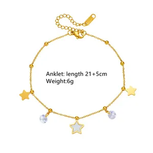 Double-layered gold titanium steel anklet with star charms and crystal pendant for women