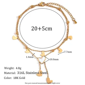 Double-layered 18K gold plated stainless steel heart anklet with beaded chain and charms