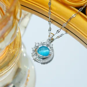 Elegant cat eye stone star and moon pendant necklace with silver chain for women