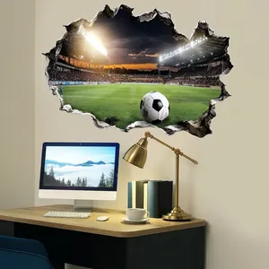 3D broken wall soccer field decal showing a realistic green grass stadium with a football