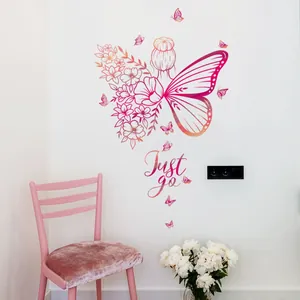 Schmetterling Mädchen Blume Wandtattoo PVC Künstlerisch Verlauf Schmetterlingsflügel Wandaufkleber Just Go Zitat Dekor Für Schlafzimmer Wohnzimmer Damen Wandkunst